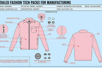 create apparel tech pack, fashion cad with flats sketches for manufacturing