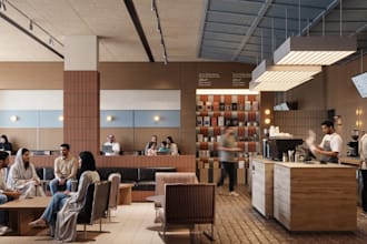 3d isometric cafe interior, coworking, study space, midcentury furniture render