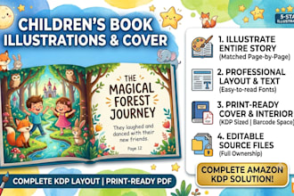 illustrate childrens story book illustration, picture book cover for amazon KDP