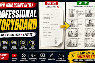 create professional storyboard for animation film youtube commercial, and video
