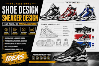 do professional shoe design, sneaker tech pack and footwear for manufacturing