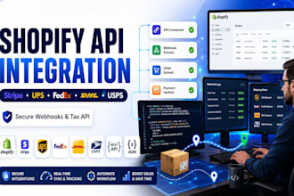 integrate shopify API, ups shipping API, stripe webhook, fedex, dhl, usps, tax