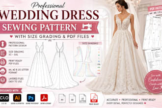 create wedding dress sewing pattern with size grading and PDF files
