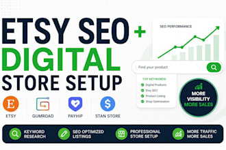 create etsy SEO listings, stan store, gumroad and payhip store setup