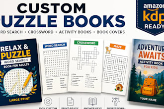 design puzzle activity book, crosswords, word search puzzle, book cover for kdp