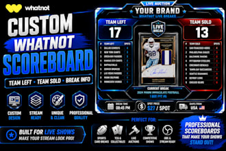 design custom whatnot scoreboard overlay for live auctions and card breaks