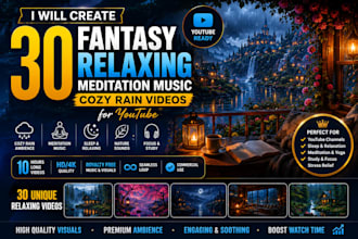 create 30 fantasy relaxing meditation music  cozy rain videos for youtube