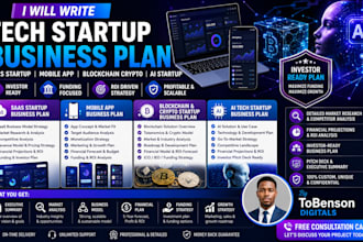 write saas startup, mobile app, blockchain crypto startup, ai tech business plan