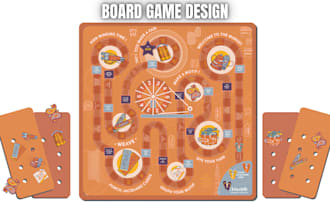 design custom board game, card game playing, cards tcg, rulebook, box design