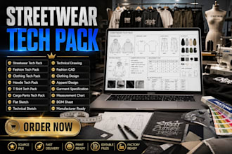 do hoodie tech pack, streetwear tech pack, technical sketch, fashion cad design