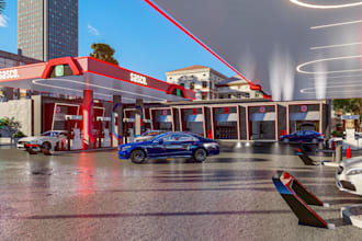 render 3d gas station for presentation,cgi exterior,ev charging station,car wash
