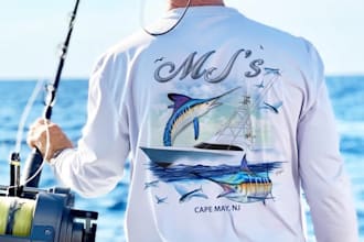 do hand drawn fish boat illustration t shirt design for boat, yacht, and ship