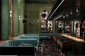 modern 3d restaurant design, bar area, commercial kitchen layout, enscape render