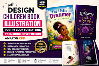 design poetry book formatting, poem book cover children book illustration, KDP