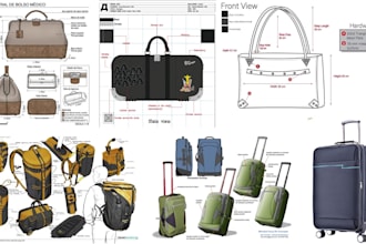 create professional bag sketch for handbags, ,bag tech pack, backpack, purse