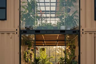 create realistic shipping container home and cafe design