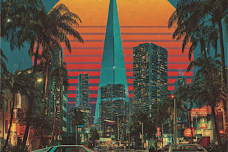 create 80s retro futuristic synthwave album cover and music cover