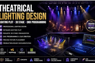 create theatrical lighting design, lighting plot, 3d stage and dmx programming