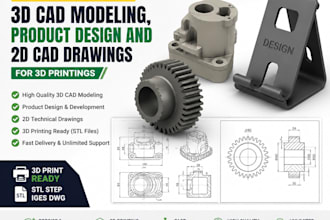 create 3d cad modeling, product design and 2d cad drawings for 3d printing