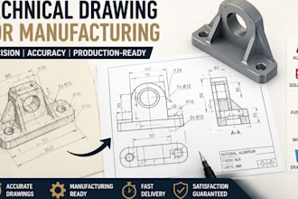 technical drawing for manufacturing, product cad drawing, assembly drawing