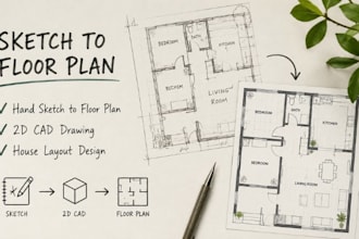 convert sketch to floor plam, 2d cad drawing house layout design