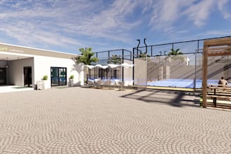 3d facade paddle glass wall court,cafeteria render,spectators area design,resort
