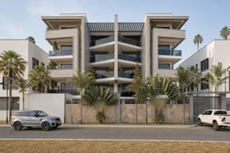 design 3d luxury real estate, residential apartment, glass balcony, stone facade