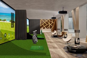 create realistic indoor golf simulator studio 3d rendering