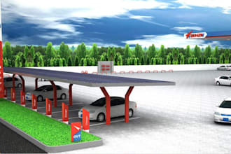 upgrade realistic 3d fuel station, ev charging hub models,parking lot design,cgi