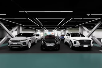 render automotive retail space,car dealership, car showroom,parking stall design