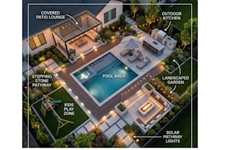 create landscape, garden, backyard and pool design with 3d renders