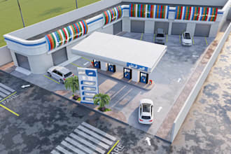 cgi 3d gas station,forecourt design,service station,convenience store,car wash