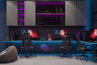 restyle luxury gaming room interior, esports room design, streaming space layout