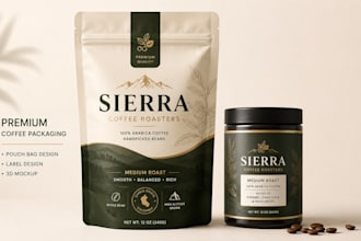 design premium coffee packaging pouch bag and label with 3d mockup for brands
