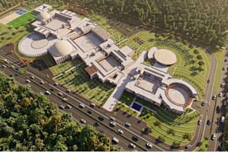create photorealistic lumion master plan, campus rendering, commercial site plan