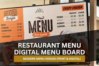 design restaurant menu, food menu, digital menu board and cafe menu design