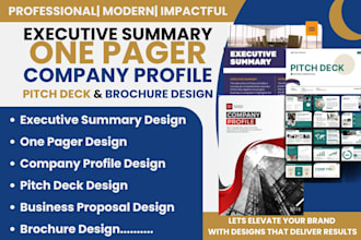 design executive summary, one pager, company profile, pitchdeck, brochure design