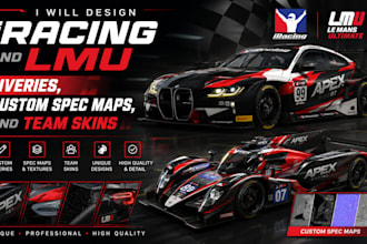 design iracing and lmu liveries, custom spec maps, and team skins