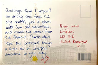 handwrite and post a personalised postcard from liverpool UK