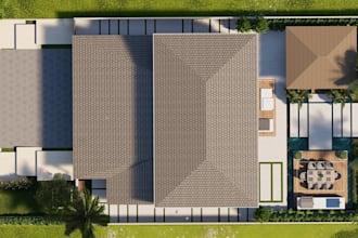 design 3d tropical backyard layout,landscape garden render,outdoor dinning setup