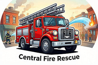 design red fire truck central to a rescue scene mascot logo free editible file
