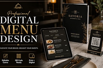 design a modern restaurant menu, digital menu and qr code menu in canva