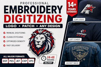 digitize your logo for embroidery, cap, patch and left chest