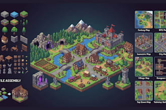 do isometric tileset and tilemap, isometric 2d game map rpg pixel map game asset