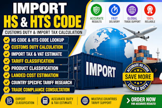 provide import hs code, hts code, customs duty and import tax calculation