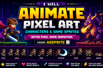 animate pixel art characters, and game sprites, retro pixel game using aseprite