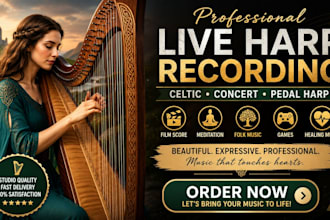 record live celtic, concert and pedal harp for film, meditation and folk music