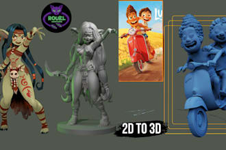 do 3d character modeling, 3d sculpting, 2d sketch to 3d model for 3d printing