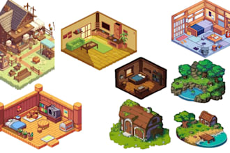 isometric pixel art game asset pixel props tileset  pixel background environment
