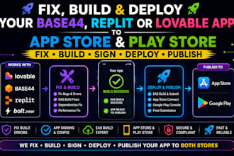 publish deploy your base44 lovable replit app to app store, google play fix eas